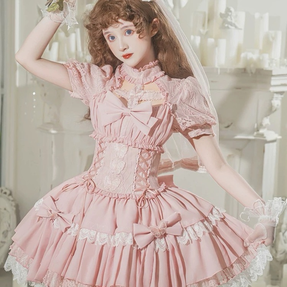 Elegant Pink Lace Dress with Bows